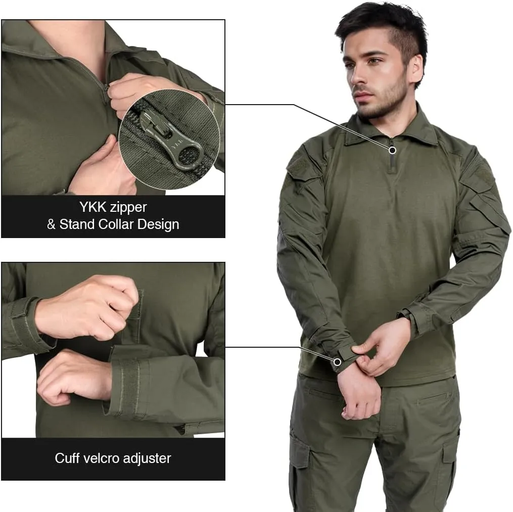 IDOGEAR SPORTS G3 Combat Shirts Men’s Tactical Shirt with Elbow Pads 1/4 Zipper Collar Long Sleeves Top Military Clothing
