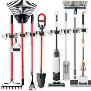 IMILLET 2 Broom Holder Wall Mounted, Stainless Steel Broom Mop Holder Self Adhesive Heavy Duty Hooks Storage Organizer for Home Laundry Room Garden Garage Closet Kitchen（4 Racks with 5 Hooks）