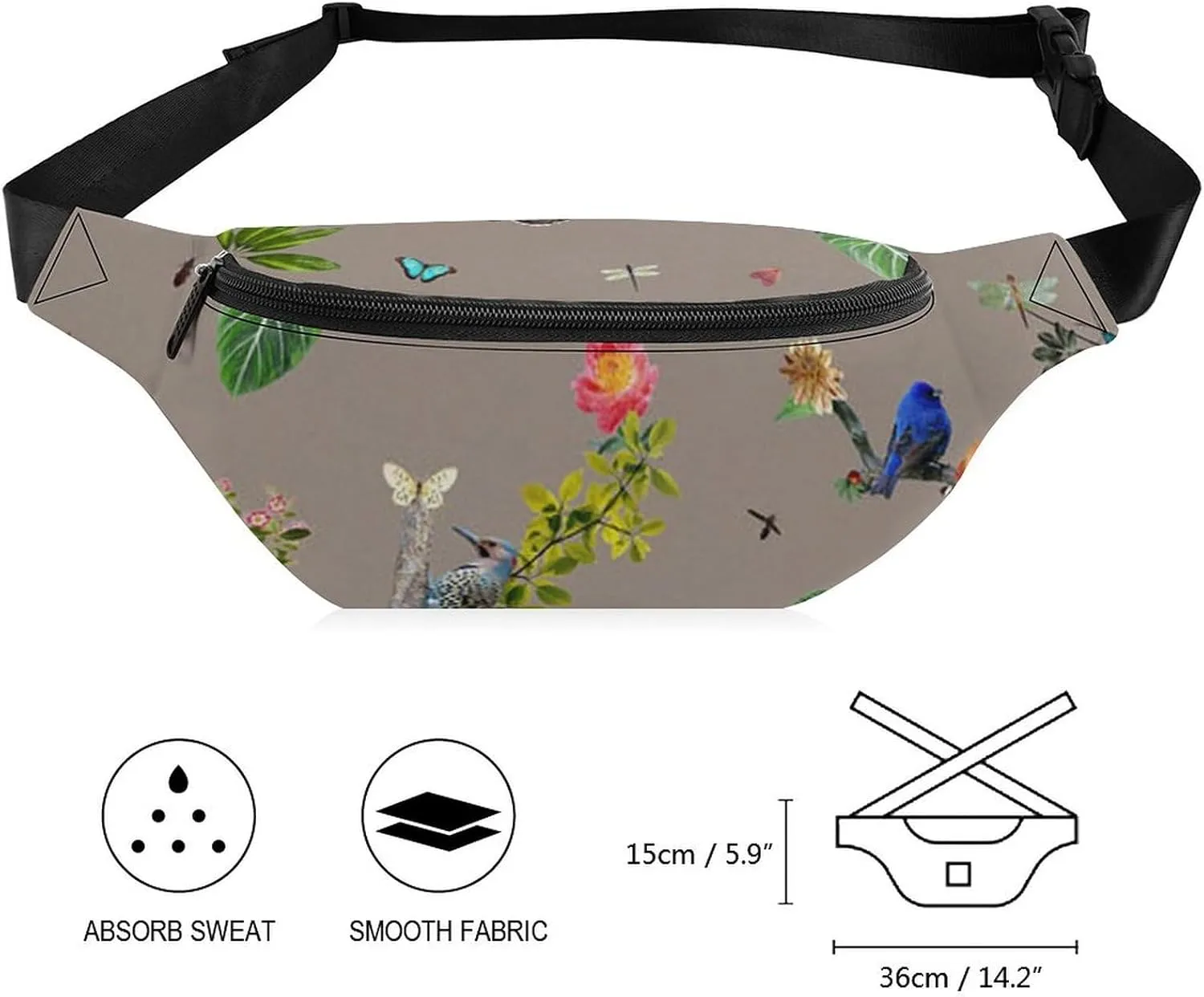 Insect Bird Butterfly Large Crossbody Fanny Packfor Women Men Waist Pack for Running with Adjustable Strap for Sports Casual Bag 36 * 15cm