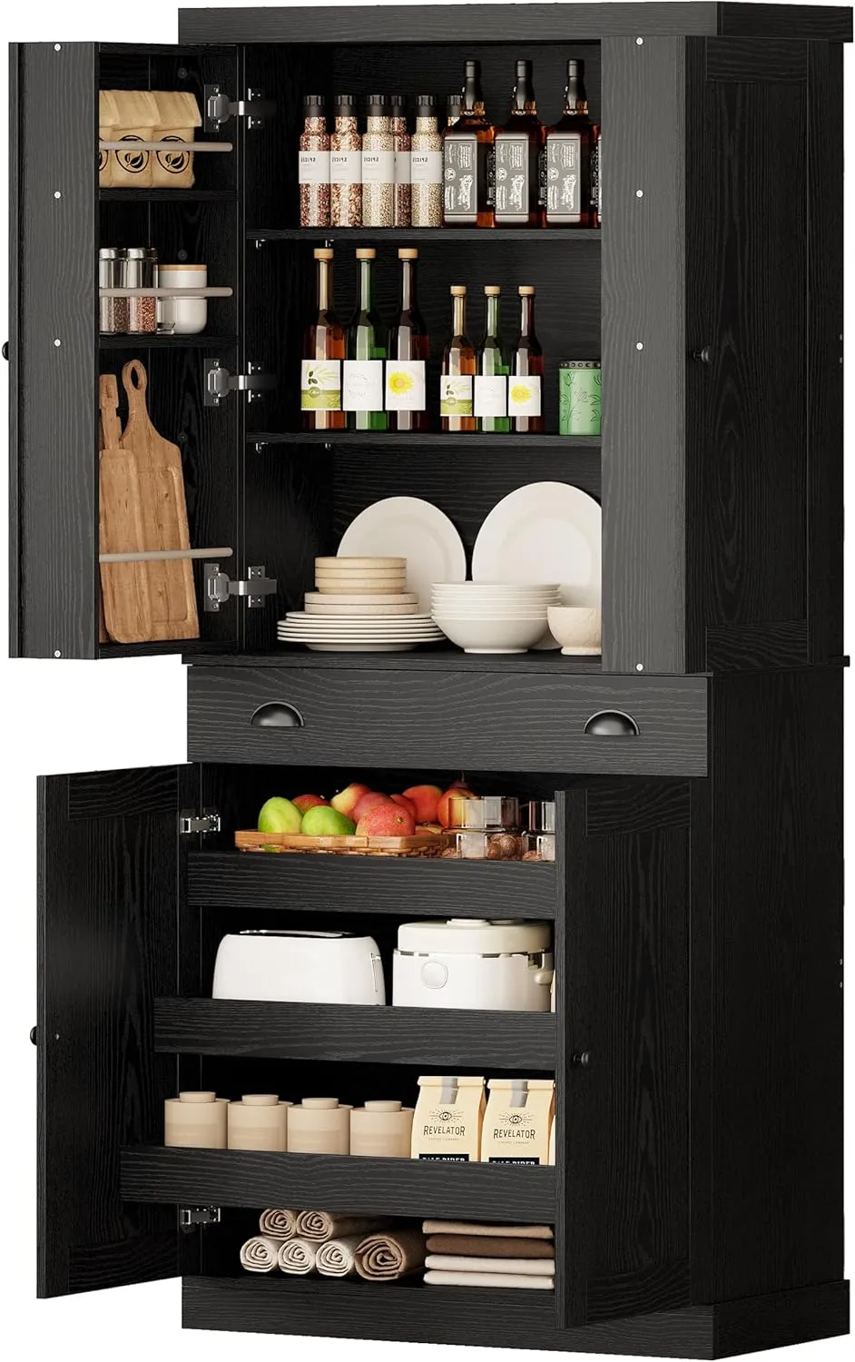 IRONCK Kitchen Pantry Cabinet 72" Height, Freestanding Cupboard with Drawer, Sliding Storage Rack, and 6 Hanging Shelves for Dining Room, Laundry, Living Room, Black
