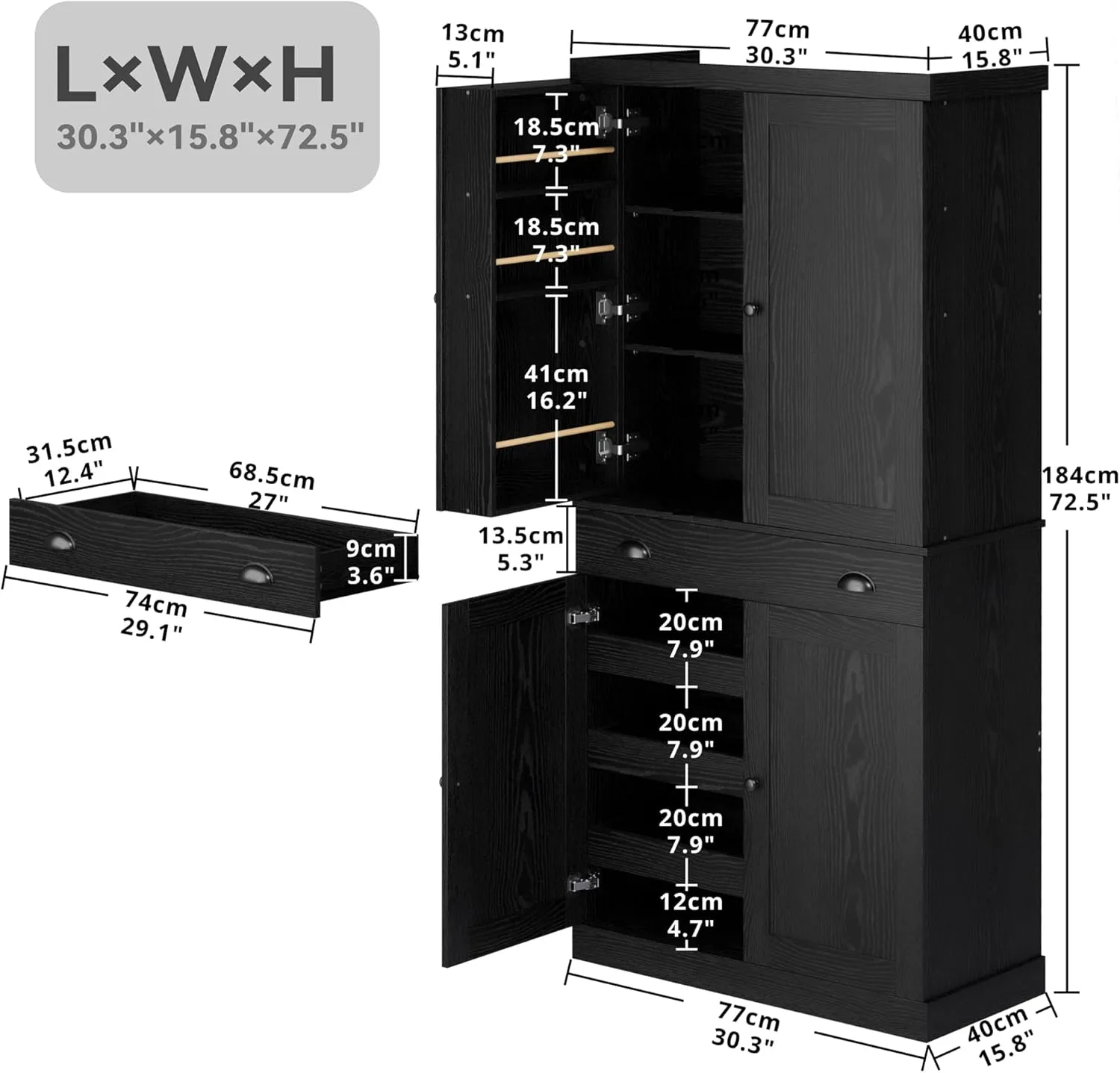 IRONCK Kitchen Pantry Cabinet 72" Height, Freestanding Cupboard with Drawer, Sliding Storage Rack, and 6 Hanging Shelves for Dining Room, Laundry, Living Room, Black