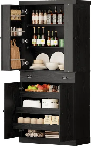 IRONCK Kitchen Pantry Cabinet 72" Height, Freestanding Cupboard with Drawer, Sliding Storage Rack, and 6 Hanging Shelves for Dining Room, Laundry, Living Room, Black