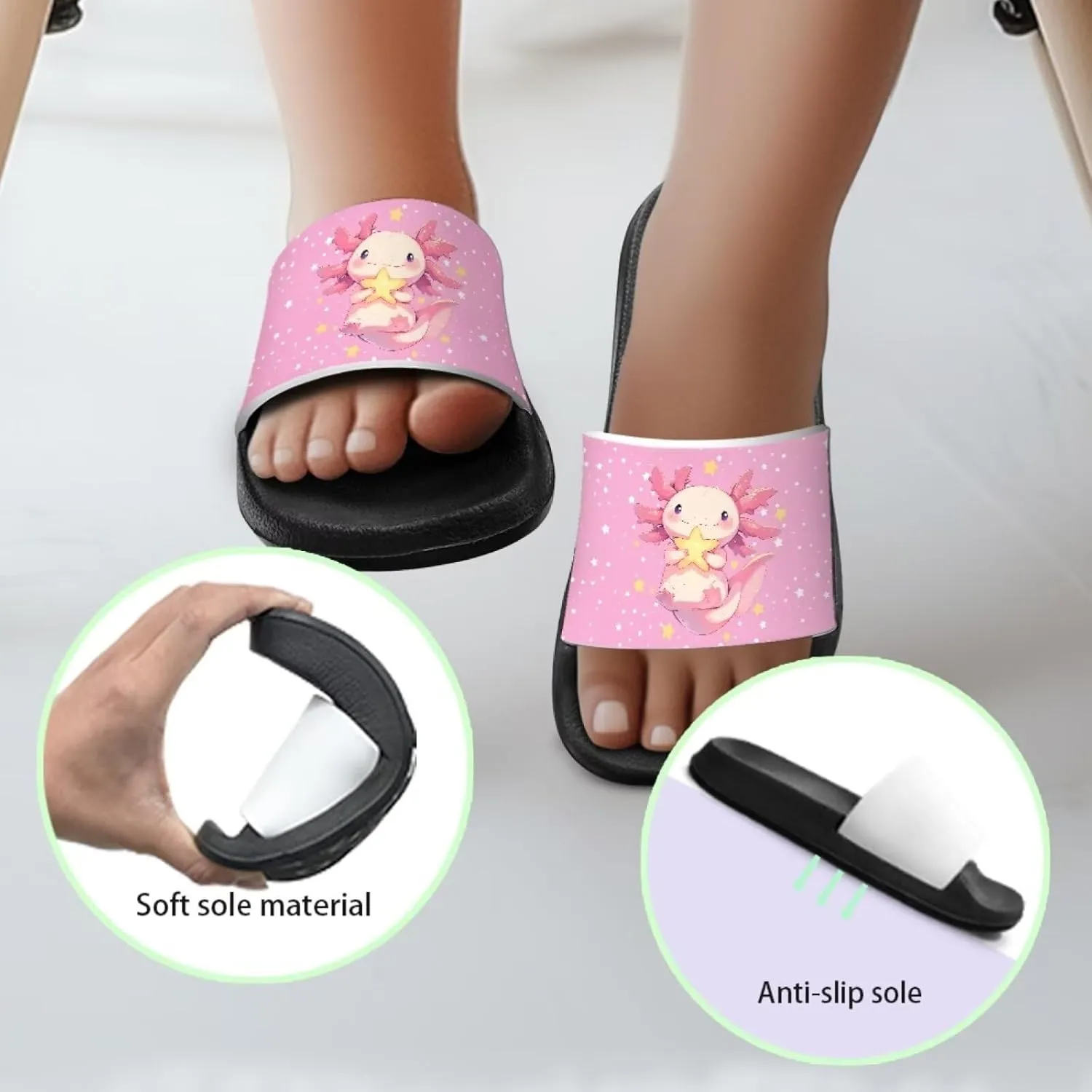Jeiento Boys Slide Sandals Cartoon Children Open Toe Beach Slides Indoor Outdoor Axolotl Slippers Lightweight Anti Slip Pool Shower Shoes