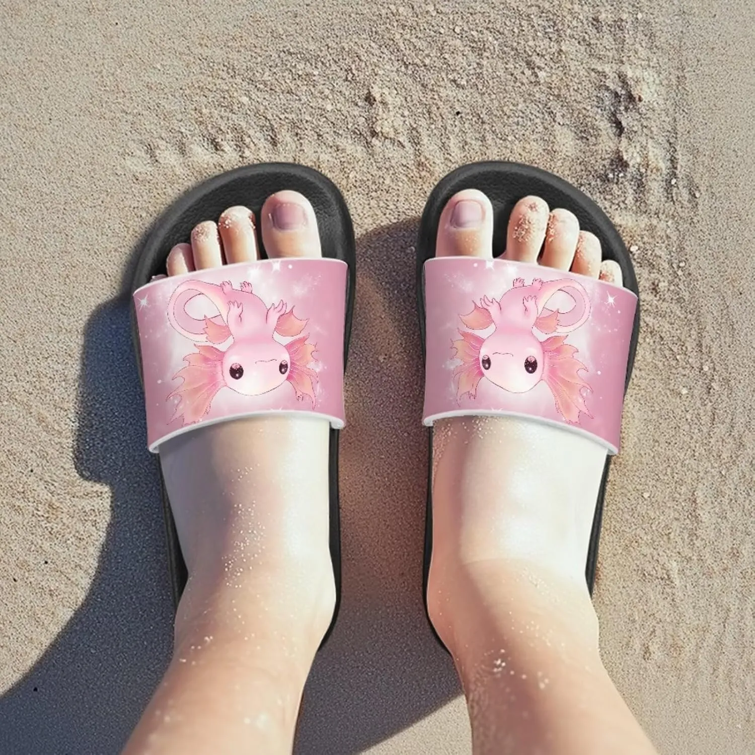 Jeiento Boys Slide Sandals Cartoon Children Open Toe Beach Slides Indoor Outdoor Axolotl Slippers Lightweight Anti Slip Pool Shower Shoes