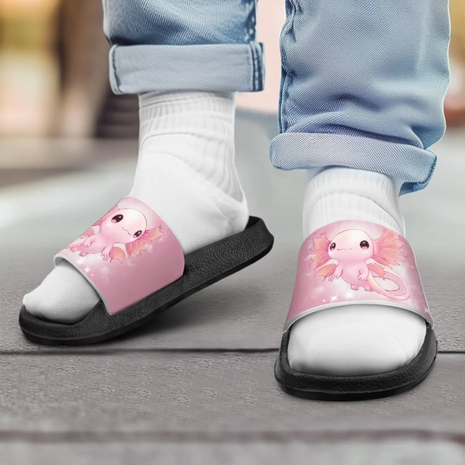 Jeiento Boys Slide Sandals Cartoon Children Open Toe Beach Slides Indoor Outdoor Axolotl Slippers Lightweight Anti Slip Pool Shower Shoes