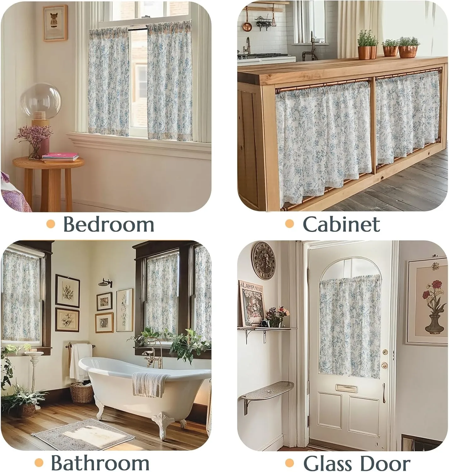 jinchan Floral Kitchen Curtains for Windows 24 Inch Linen Tier Farmhouse Cafe Curtains Country Botanic Small Window Rod Pocket Rustic Flax for Laundry Bathroom RV 2 Panels Blue on Beige
