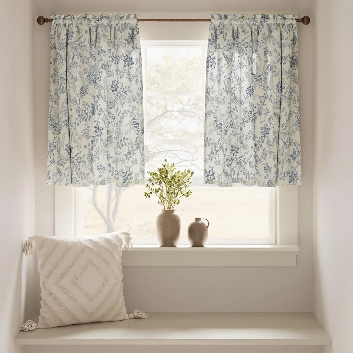 jinchan Floral Kitchen Curtains for Windows 24 Inch Linen Tier Farmhouse Cafe Curtains Country Botanic Small Window Rod Pocket Rustic Flax for Laundry Bathroom RV 2 Panels Blue on Beige