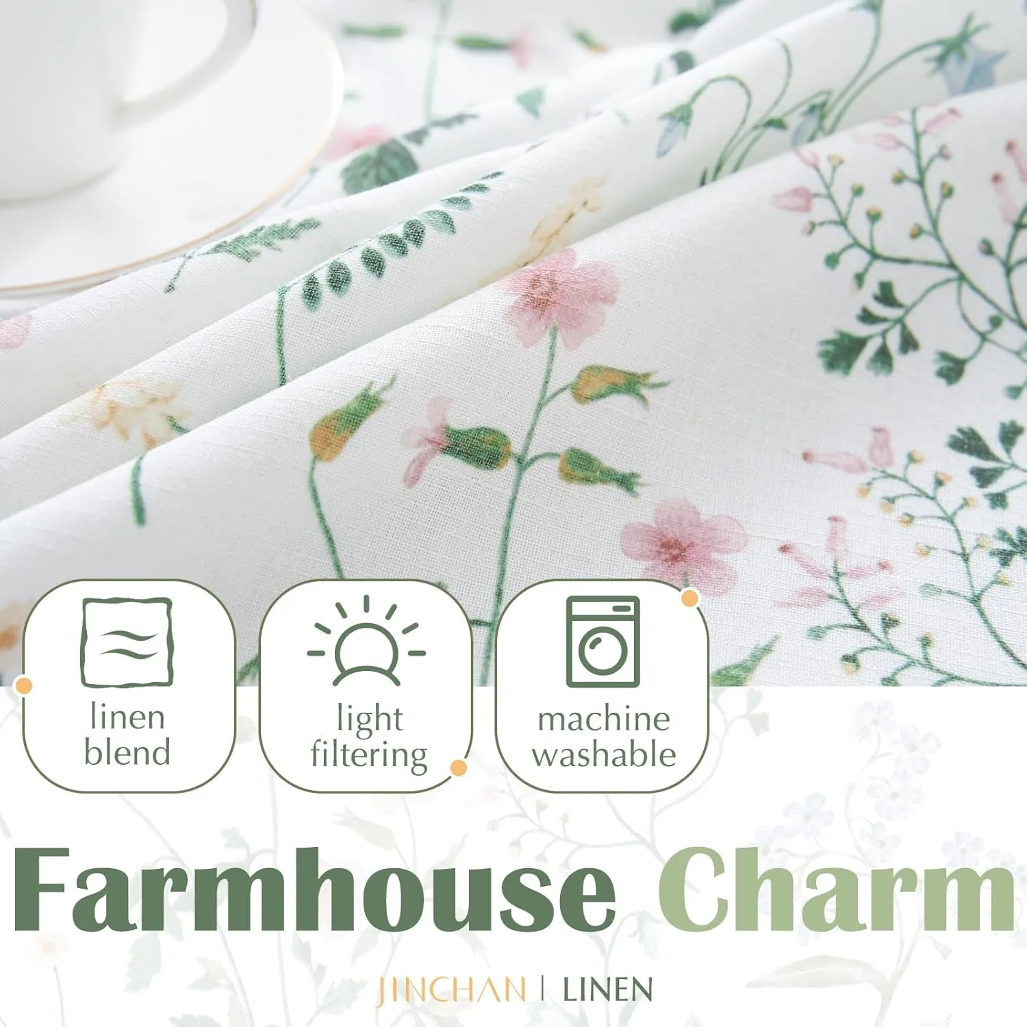 jinchan Spring Floral Kitchen Curtains Over Sink Farmhouse Linen Tier Curtains 45 Inch Length Cafe for Living Room Bathroom Botanical Small Drapes Rustic Light Filtering Rod Pocket 2 Panels Green