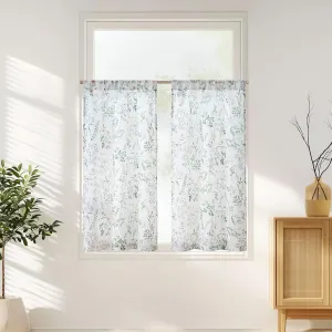 jinchan Spring Floral Kitchen Curtains Over Sink Farmhouse Linen Tier Curtains 45 Inch Length Cafe for Living Room Bathroom Botanical Small Drapes Rustic Light Filtering Rod Pocket 2 Panels Green