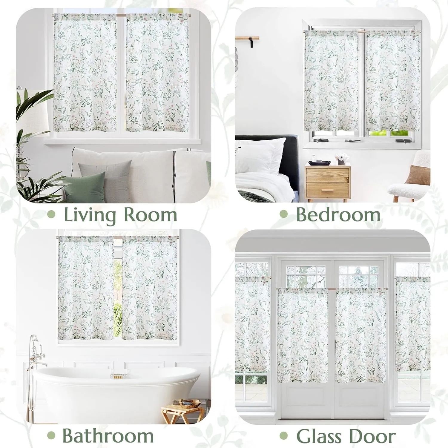 jinchan Spring Floral Kitchen Curtains Over Sink Farmhouse Linen Tier Curtains 45 Inch Length Cafe for Living Room Bathroom Botanical Small Drapes Rustic Light Filtering Rod Pocket 2 Panels Green