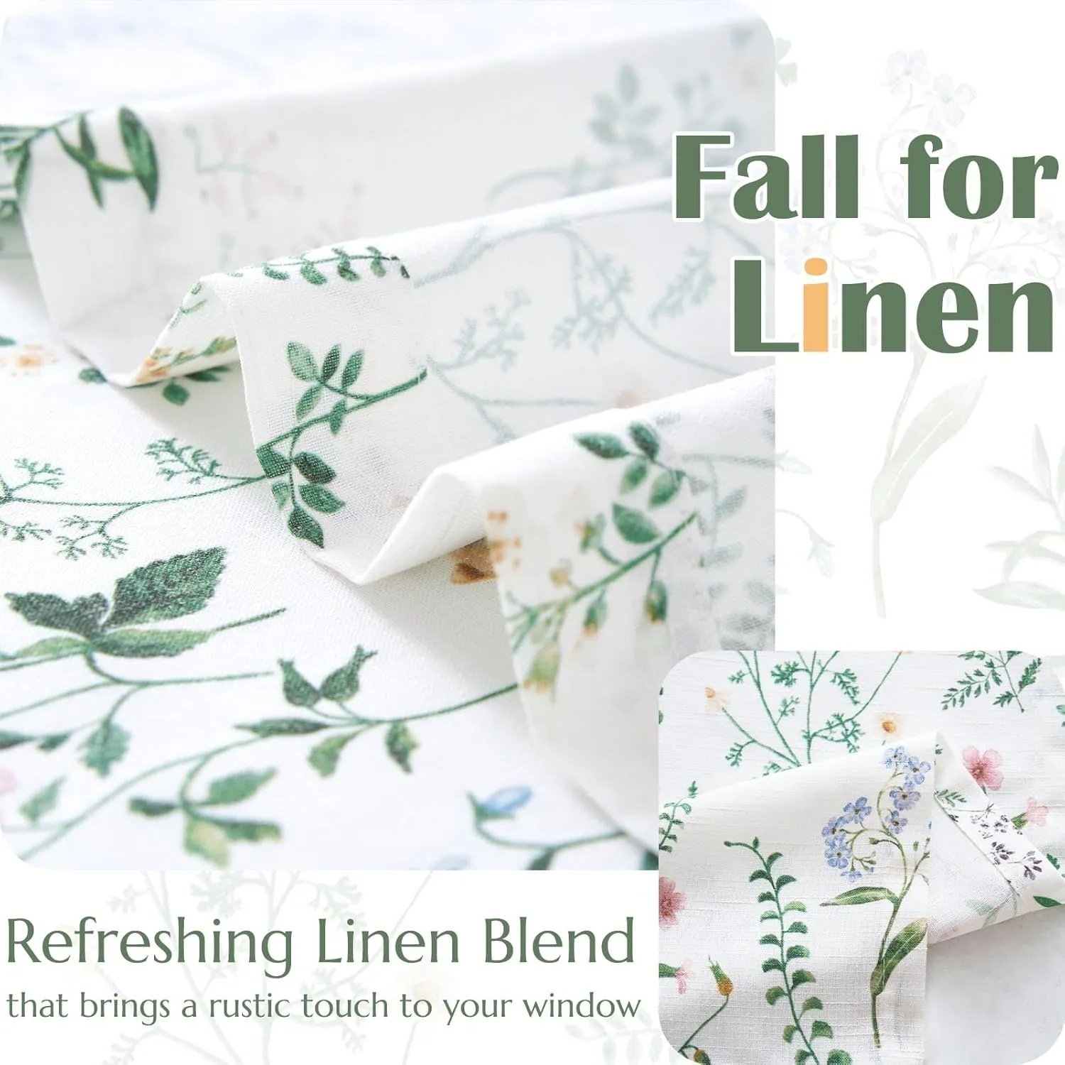 jinchan Spring Floral Kitchen Curtains Over Sink Farmhouse Linen Tier Curtains 45 Inch Length Cafe for Living Room Bathroom Botanical Small Drapes Rustic Light Filtering Rod Pocket 2 Panels Green