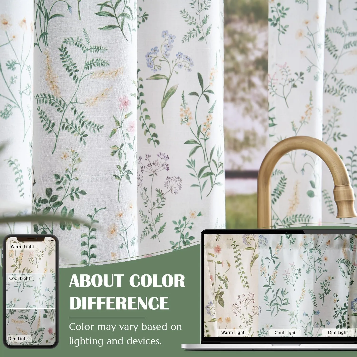 jinchan Spring Floral Kitchen Curtains Over Sink Farmhouse Linen Tier Curtains 45 Inch Length Cafe for Living Room Bathroom Botanical Small Drapes Rustic Light Filtering Rod Pocket 2 Panels Green