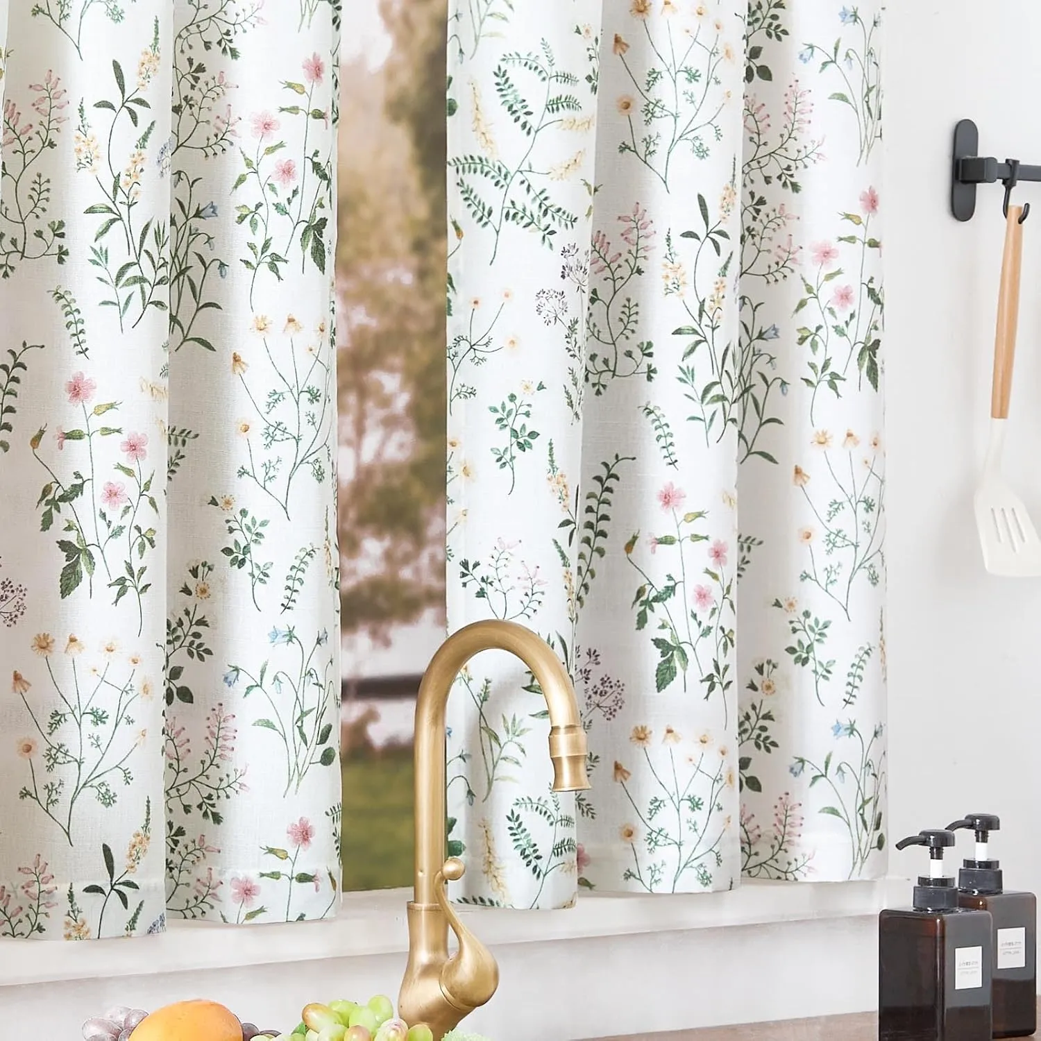 jinchan Spring Floral Kitchen Curtains Over Sink Farmhouse Linen Tier Curtains 45 Inch Length Cafe for Living Room Bathroom Botanical Small Drapes Rustic Light Filtering Rod Pocket 2 Panels Green
