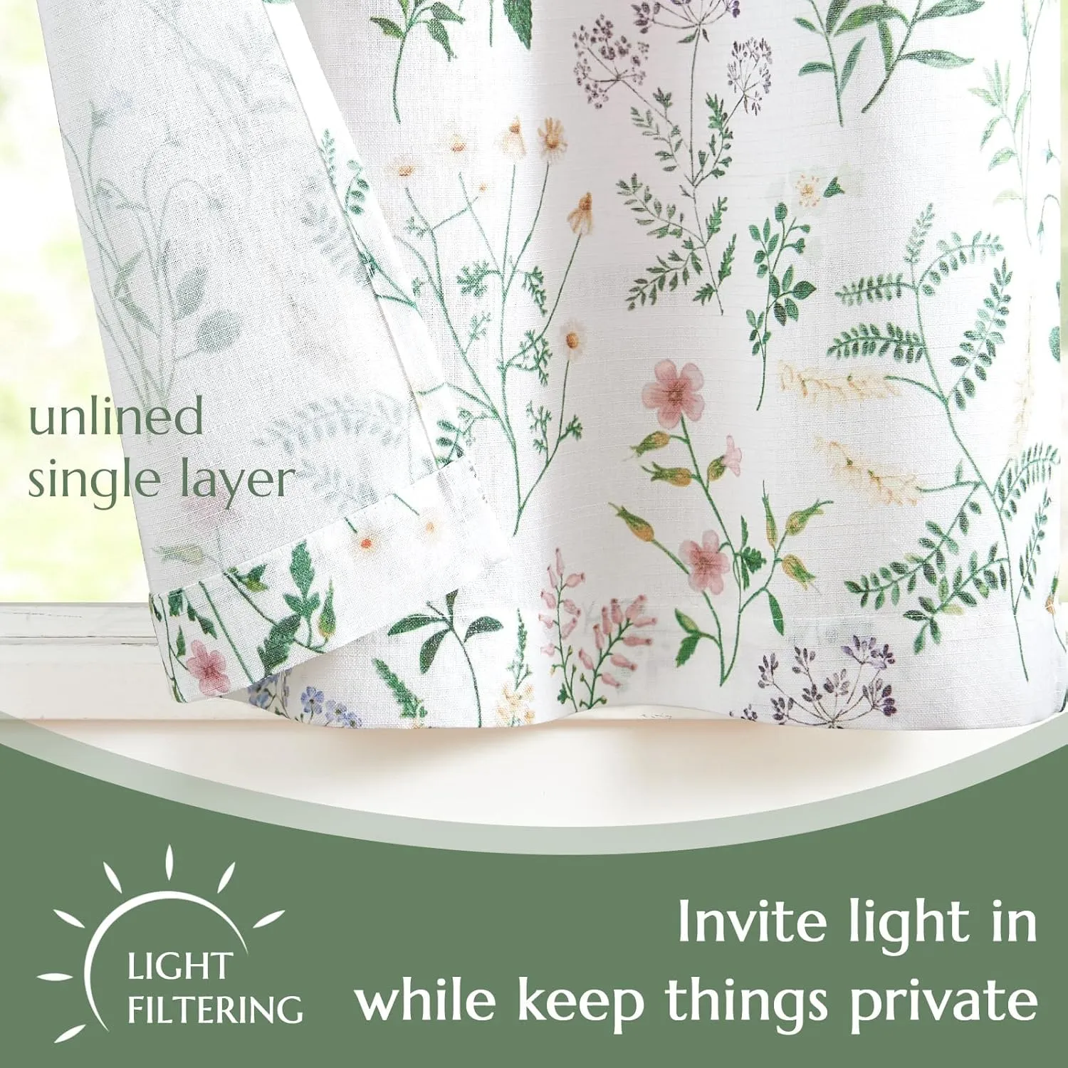 jinchan Spring Floral Kitchen Curtains Over Sink Farmhouse Linen Tier Curtains 45 Inch Length Cafe for Living Room Bathroom Botanical Small Drapes Rustic Light Filtering Rod Pocket 2 Panels Green