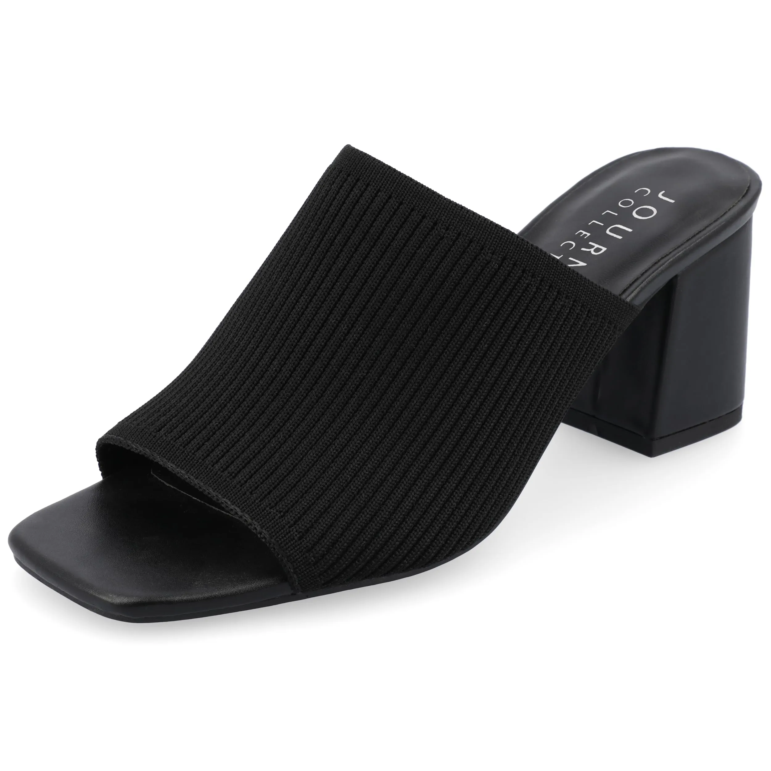 Journee Square Open Toe Chunky Block Heel Knit Slip-On Pump for Women - Lorenna Heeled Fashion Mule Black 9.5 Medium Womens US