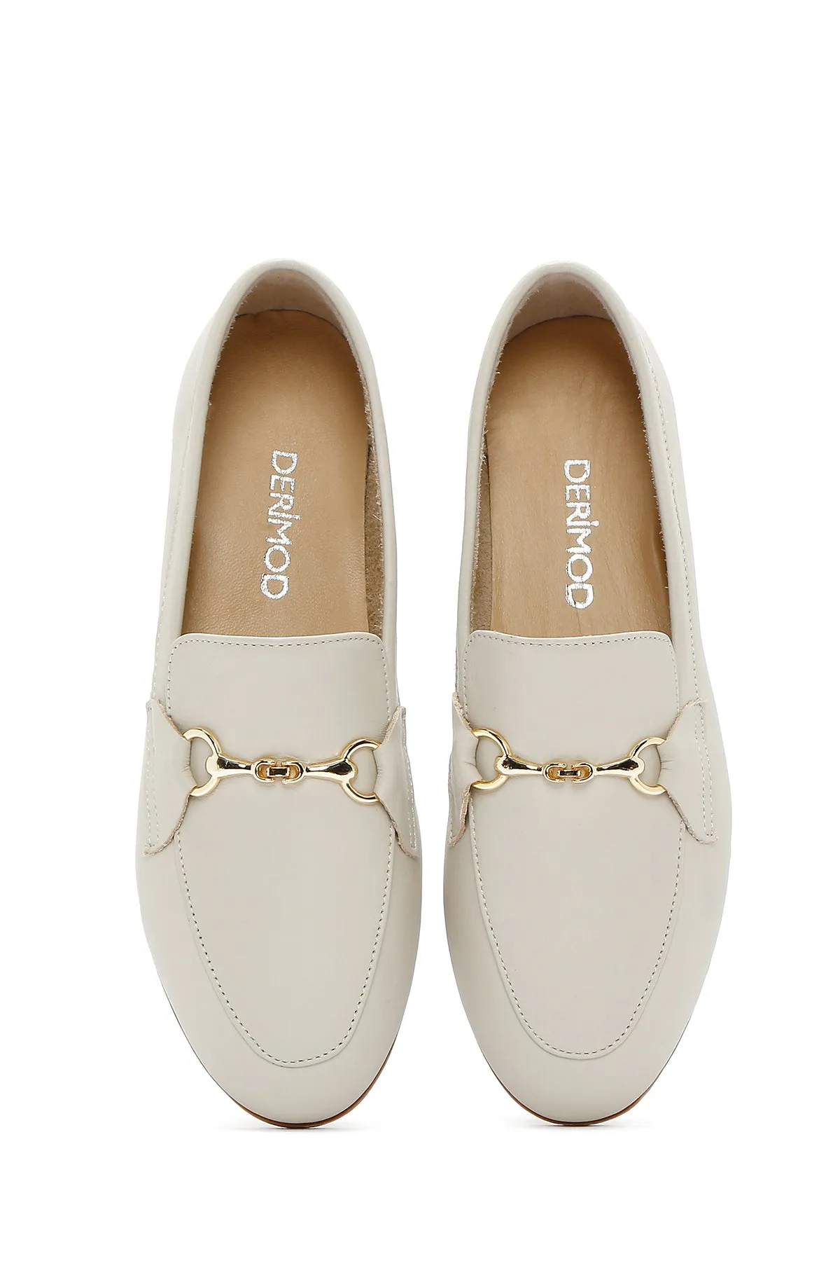 Kadın Krem Deri Maskülen Loafer