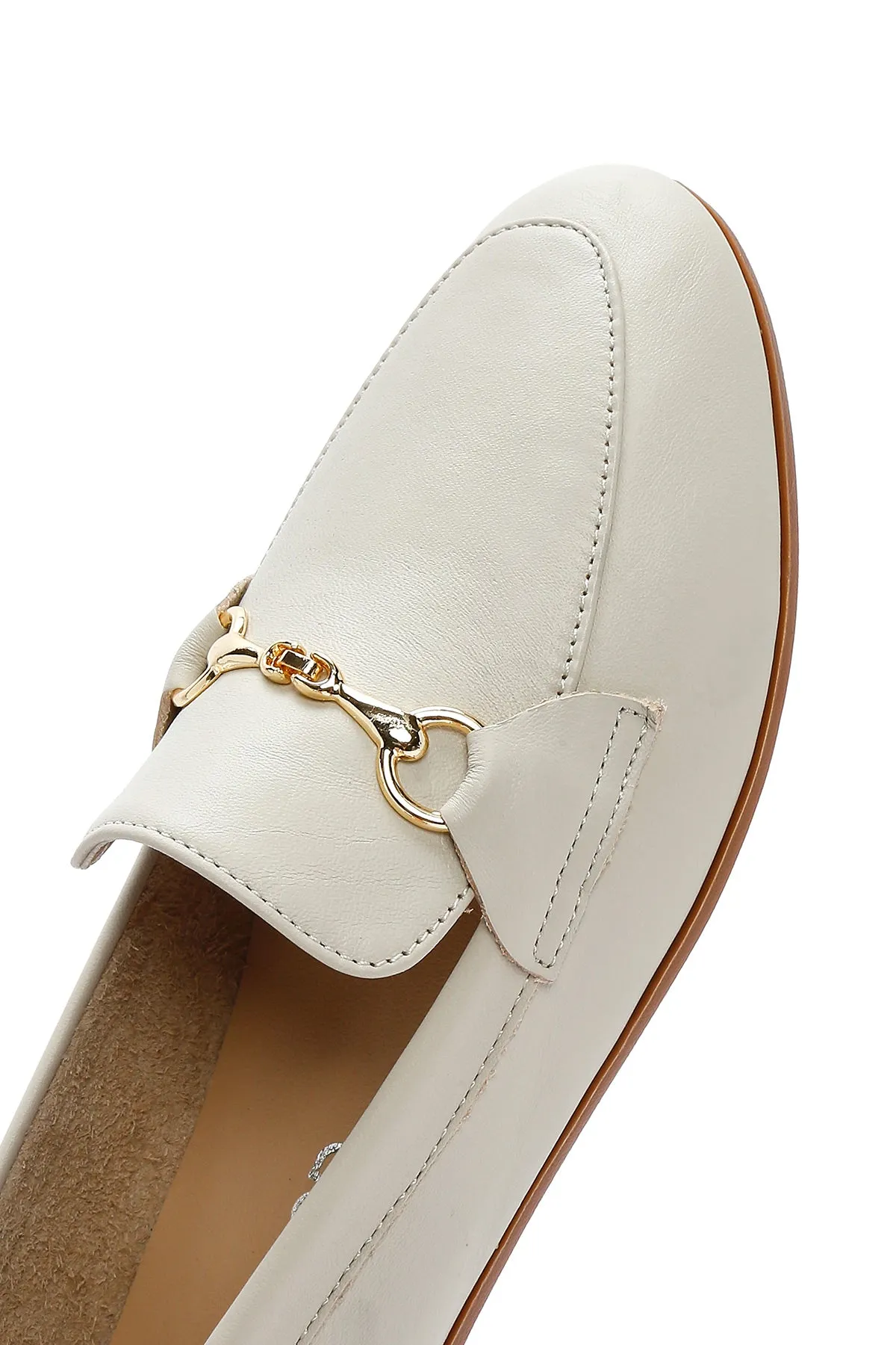 Kadın Krem Deri Maskülen Loafer