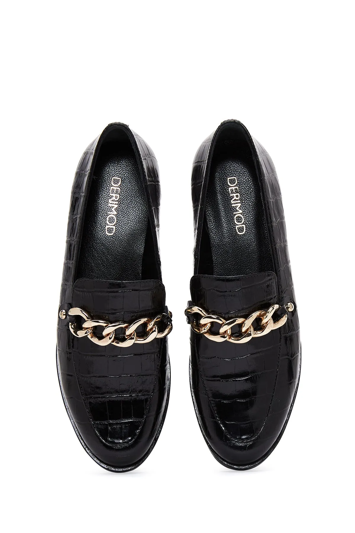 Kadın Siyah Deri Tokalı Kroko Klasik Loafer