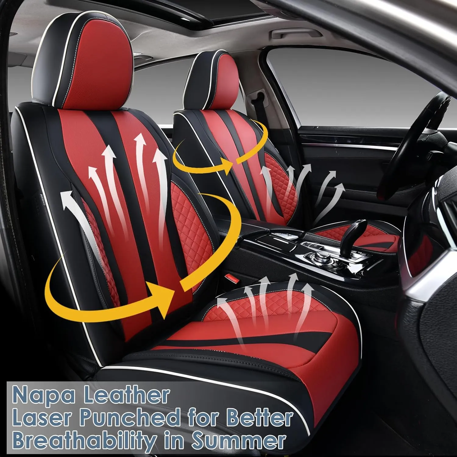 KEYOOG 2-Seater Car Seat Covers Full Set, Fit for Front Seats of Cars, Waterproof and Breathable Nappa Leather, Compatible with Airbags, Car Seat Protector Covers for Most Cars - Black Red