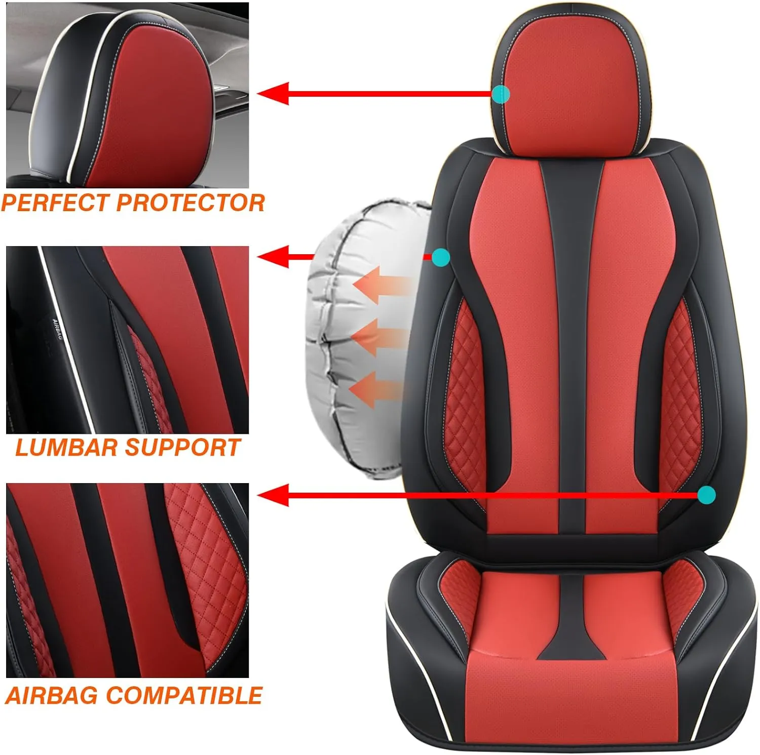 KEYOOG 2-Seater Car Seat Covers Full Set, Fit for Front Seats of Cars, Waterproof and Breathable Nappa Leather, Compatible with Airbags, Car Seat Protector Covers for Most Cars - Black Red