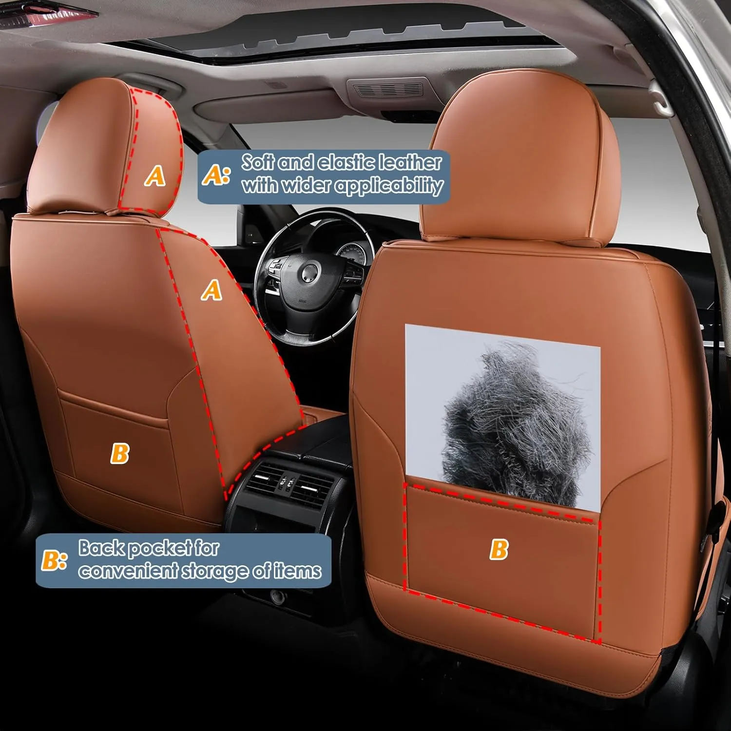KEYOOG Car Seat Covers Full Set, 2-Seater Waterproof and Breathable Nappa Leather, Fit for Front Seats of Cars, Compatible with Airbags, Car Seat Protector Covers for Most Cars - All Brown