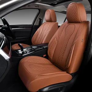 KEYOOG Car Seat Covers Full Set, 2-Seater Waterproof and Breathable Nappa Leather, Fit for Front Seats of Cars, Compatible with Airbags, Car Seat Protector Covers for Most Cars - All Brown
