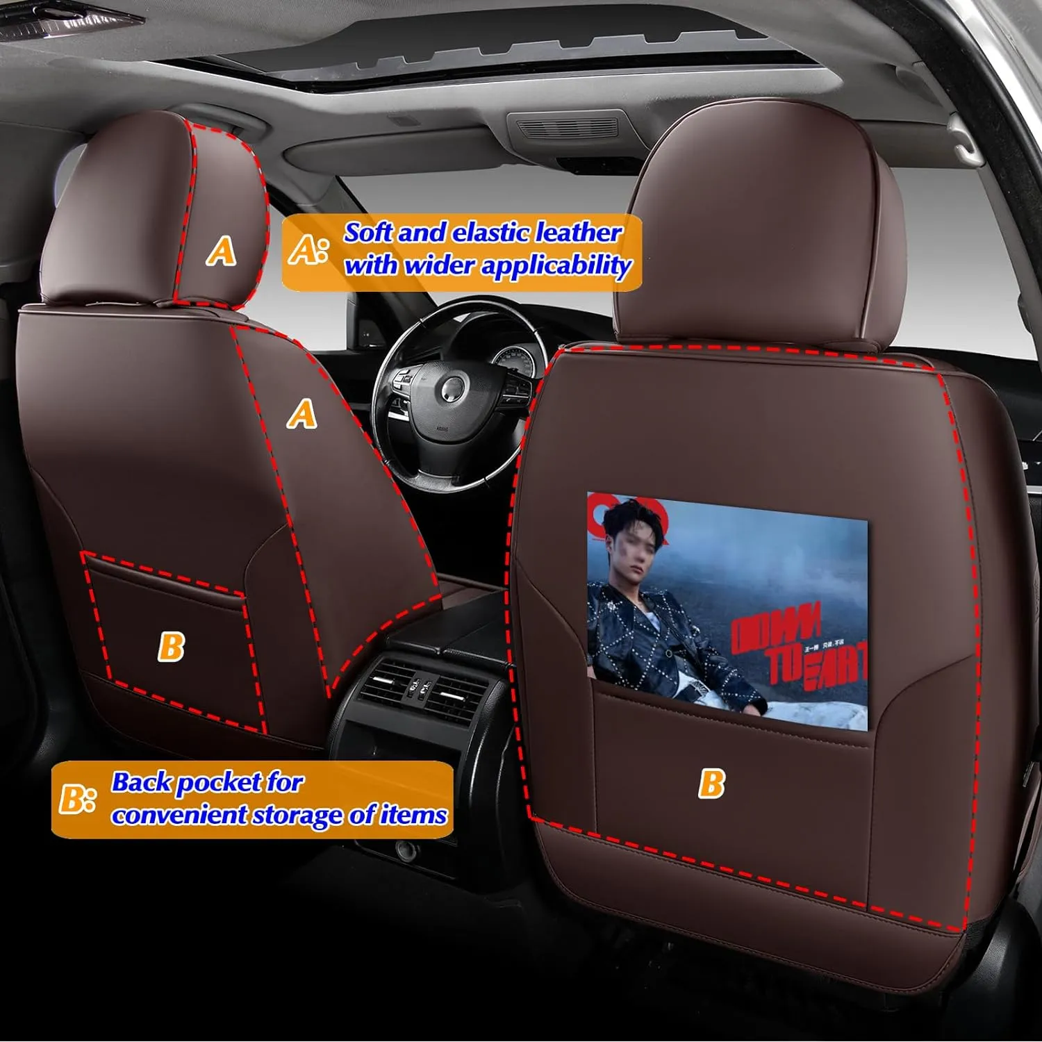 KEYOOG Universal 2-Seater Waterproof Breathable Nappa Leather Car Seat Covers Full Set, Fit for Front Seats, Compatible with Honda Civic, Toyota Corolla Venza, Jeep Cherokee, Fit Most Sedans SUV Brown
