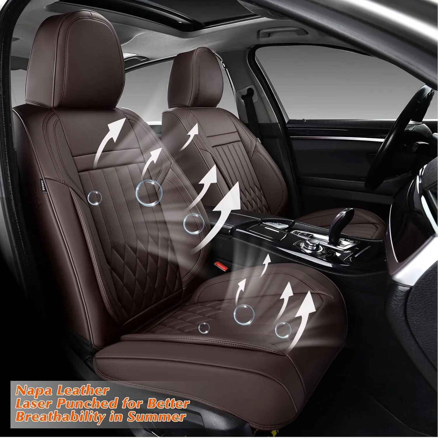 KEYOOG Universal 2-Seater Waterproof Breathable Nappa Leather Car Seat Covers Full Set, Fit for Front Seats, Compatible with Honda Civic, Toyota Corolla Venza, Jeep Cherokee, Fit Most Sedans SUV Brown