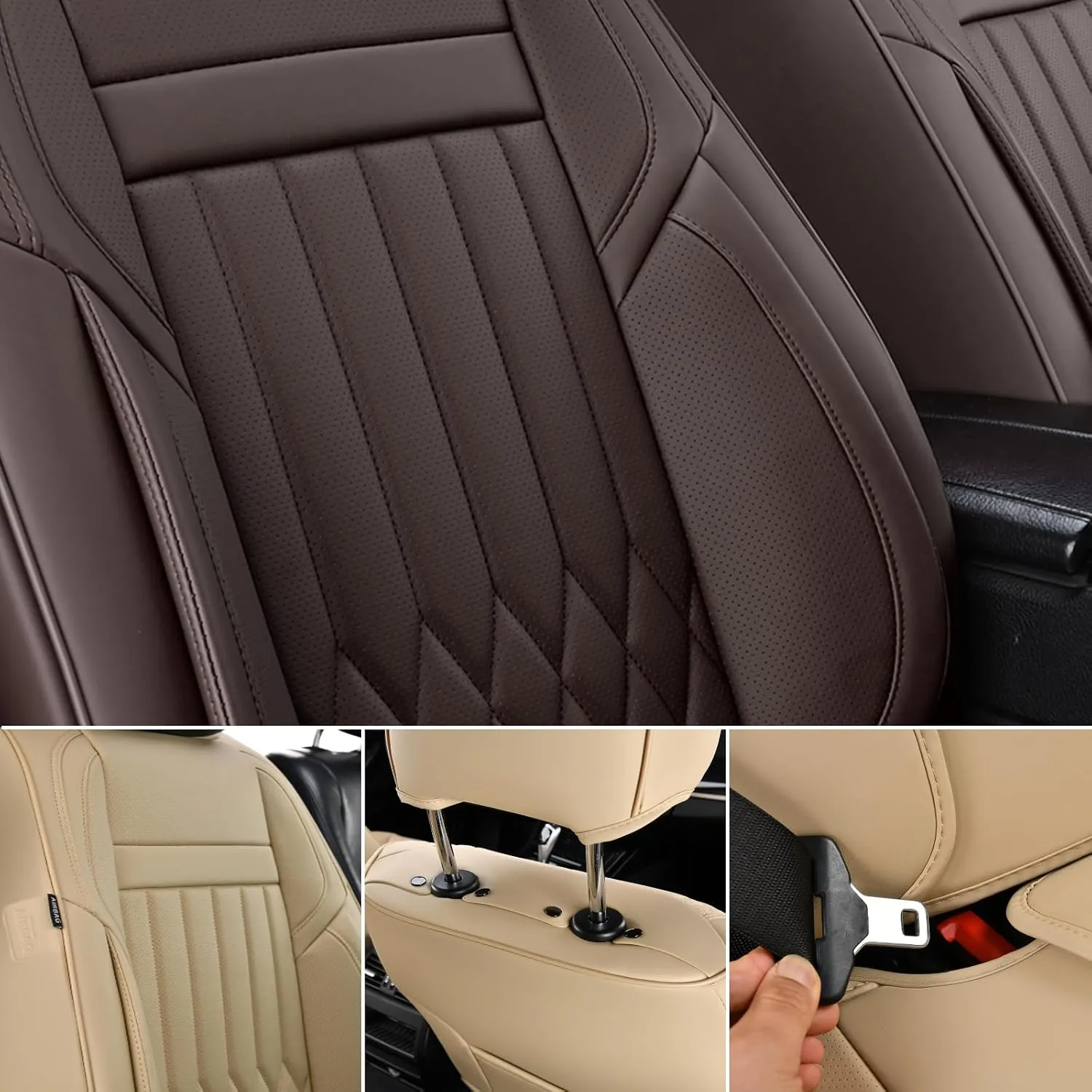 KEYOOG Universal 2-Seater Waterproof Breathable Nappa Leather Car Seat Covers Full Set, Fit for Front Seats, Compatible with Honda Civic, Toyota Corolla Venza, Jeep Cherokee, Fit Most Sedans SUV Brown