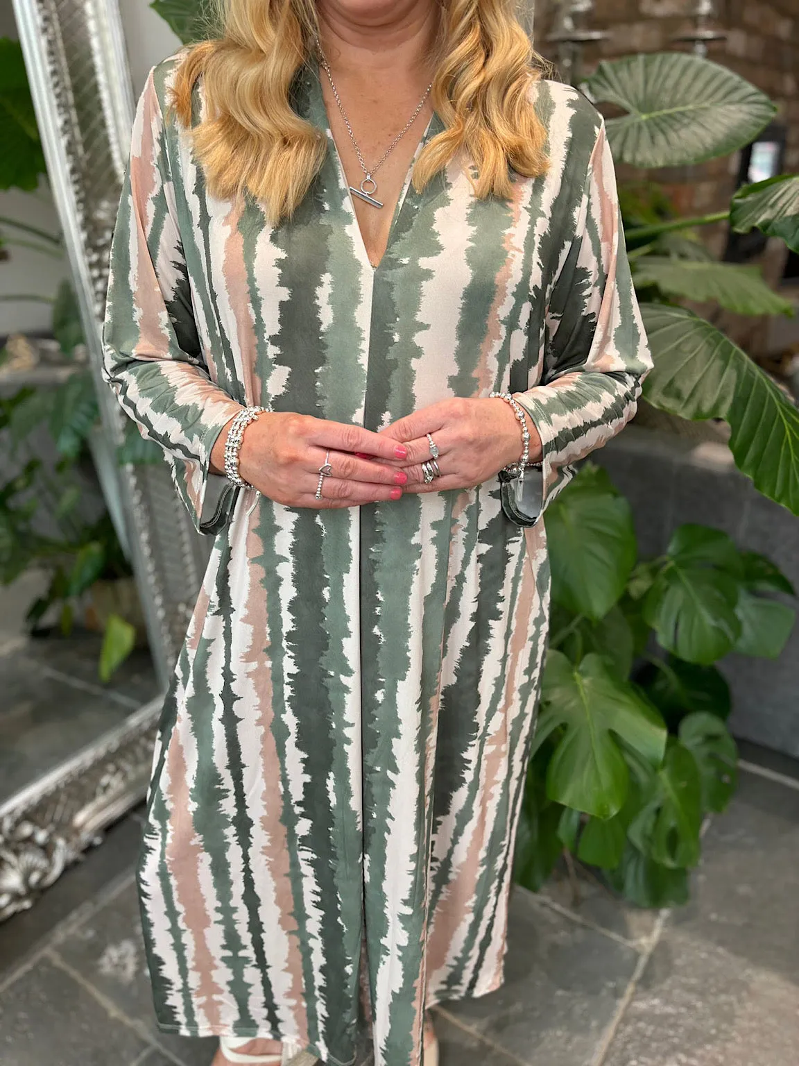 Khaki Watercolour Stripe Dress Gloria