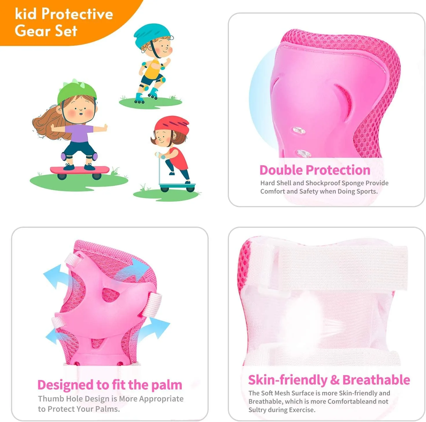 Kids/Youth Knee Pads Elbow Pad Wrist Guards Protective Gear Set, for Child Roller Skates, Cycling Bike, Skateboard, Inline Skatings, Scooter Riding, BMX Bike, and Other Outdoor Sports Activities