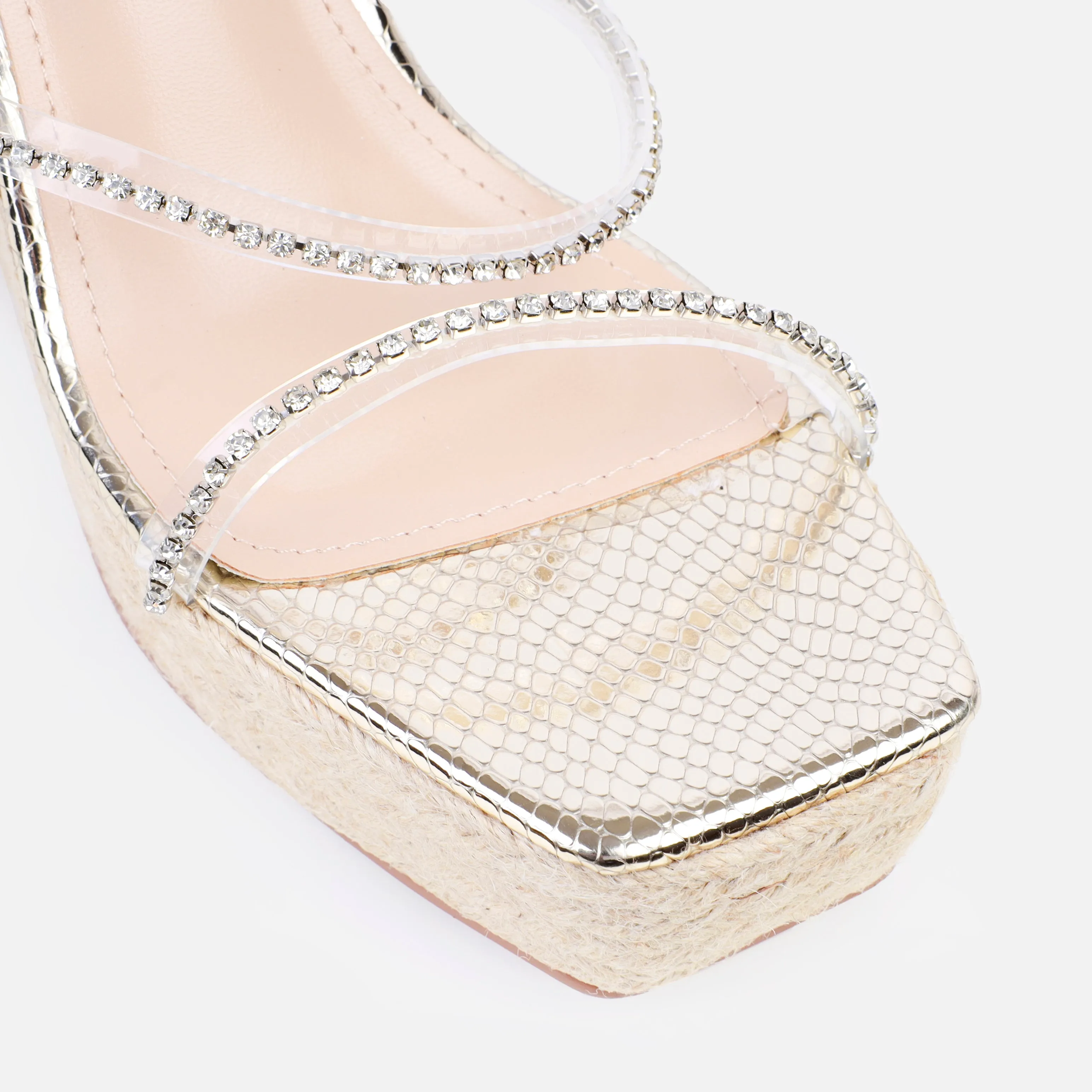 Lami Gold Metallic Clear Diamante Lace Up Espadrille Wedges