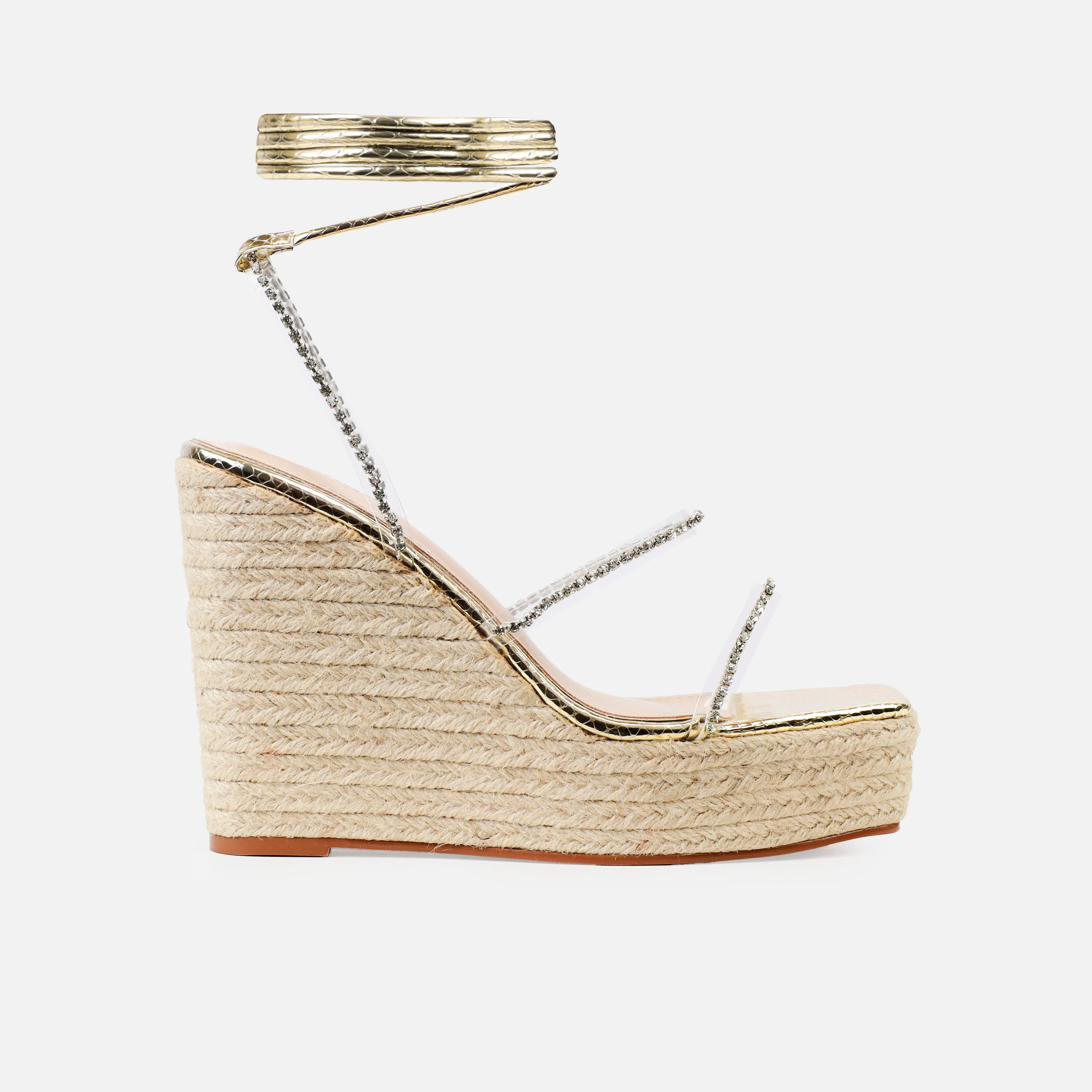 Lami Gold Metallic Clear Diamante Lace Up Espadrille Wedges