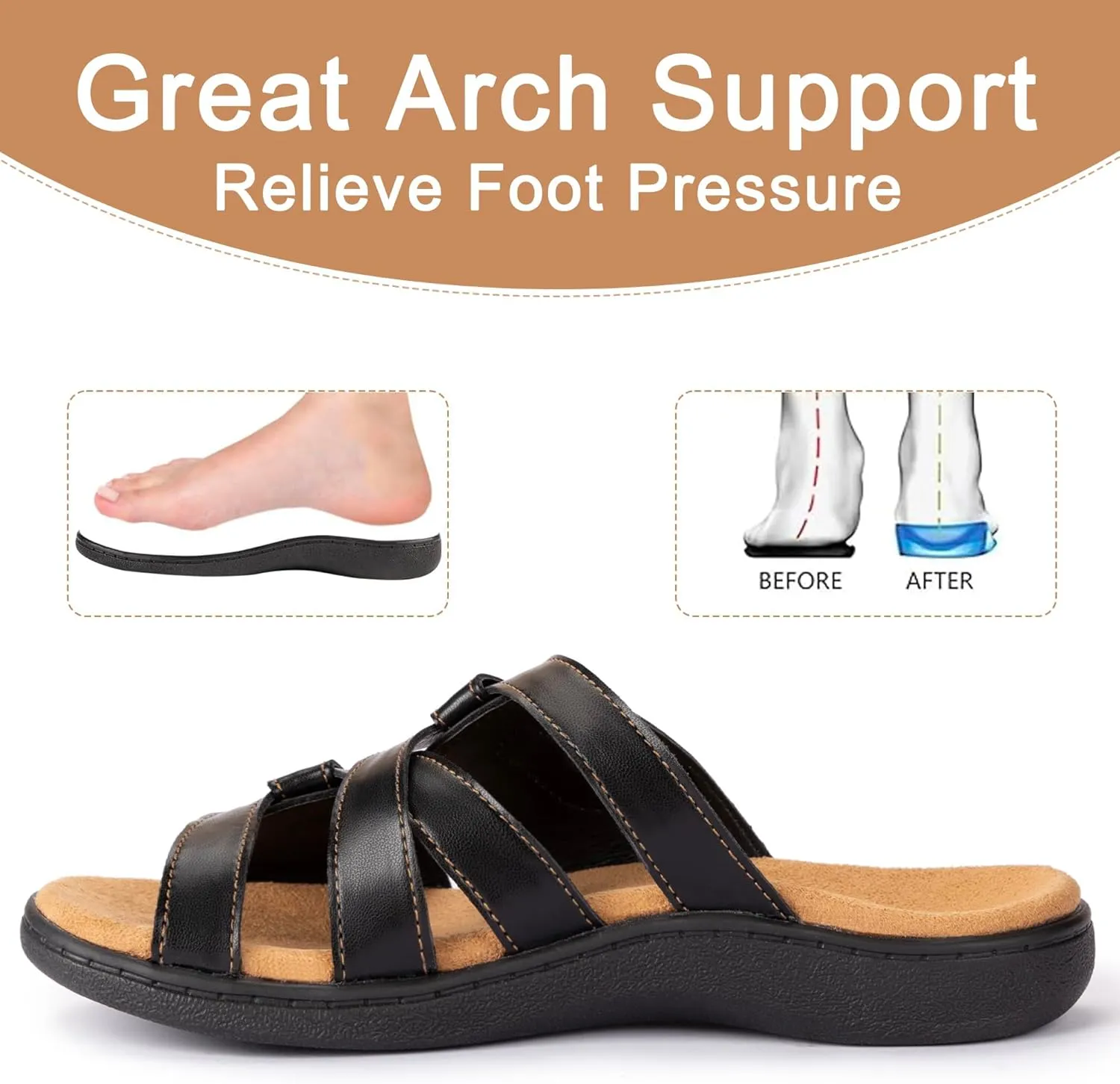 LazyStep Women's Orthotic Slide Sandals with Arch Support & Adjustable Straps