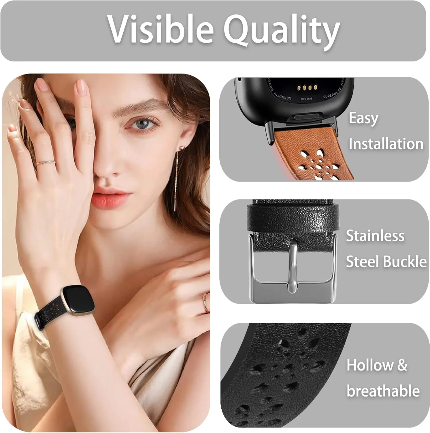 Leather Bands for Fitbit Versa 3 Bands/Versa 4 Bands for Women Men/Fitbit Sense Bands/Fitbit Sense 2 Bands,Floral Breathable Hollow Replacement Wristbands Band for Versa 4/Sense Watch,Black