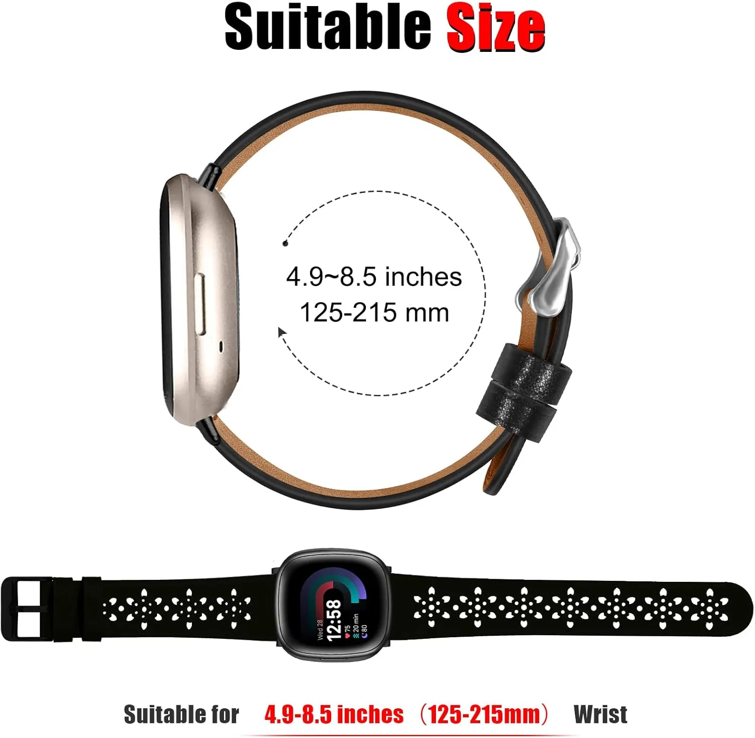 Leather Bands for Fitbit Versa 3 Bands/Versa 4 Bands for Women Men/Fitbit Sense Bands/Fitbit Sense 2 Bands,Floral Breathable Hollow Replacement Wristbands Band for Versa 4/Sense Watch,Black