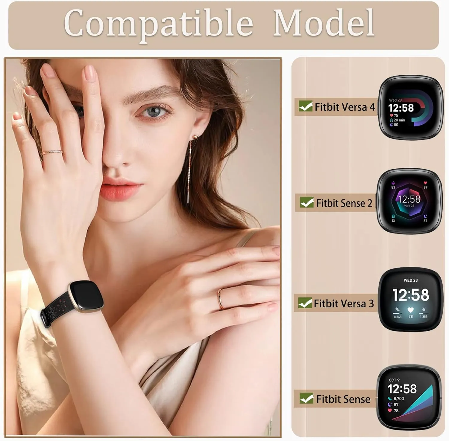 Leather Bands for Fitbit Versa 3 Bands/Versa 4 Bands for Women Men/Fitbit Sense Bands/Fitbit Sense 2 Bands,Floral Breathable Hollow Replacement Wristbands Band for Versa 4/Sense Watch,Black