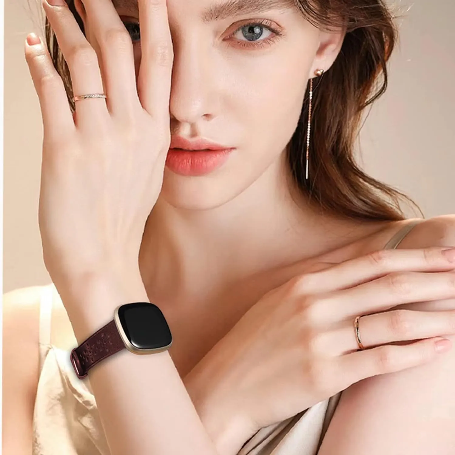Leather Bands for Fitbit Versa 3 Bands/Versa 4 Bands for Women Men/Fitbit Sense Bands/Fitbit Sense 2 Bands,Floral Breathable Hollow Replacement Wristbands Band for Versa 4/Sense Watch,Black