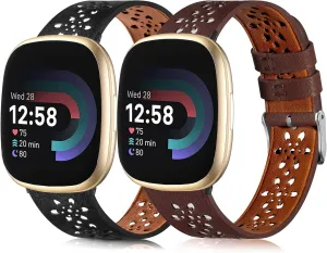 Leather Bands for Fitbit Versa 3 Bands/Versa 4 Bands for Women Men/Fitbit Sense Bands/Fitbit Sense 2 Bands,Floral Breathable Hollow Replacement Wristbands Band for Versa 4/Sense Watch,Black