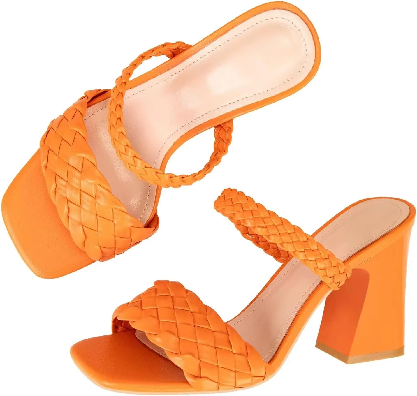 LUXINYU Braided Sandals for Women Square Open Toe Backless Mules Slip On Chunky Block Heel Slide Sandals