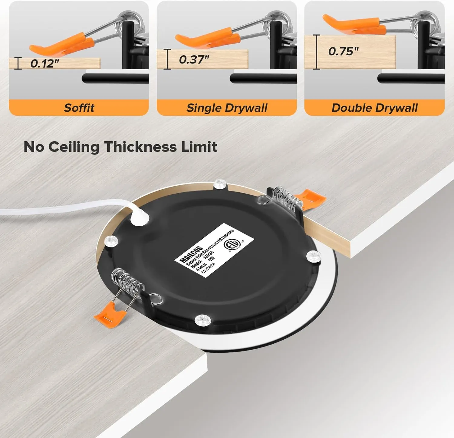 MAILCOS 12 Pack 4 Inch 5CCT Black Ultra-Thin LED Recessed Ceiling Light with Junction Box, 2700K-5000K Selectable, 810LM High Brightness, Dimmable Canless Wafer Downlight, 9W 120V, ETL