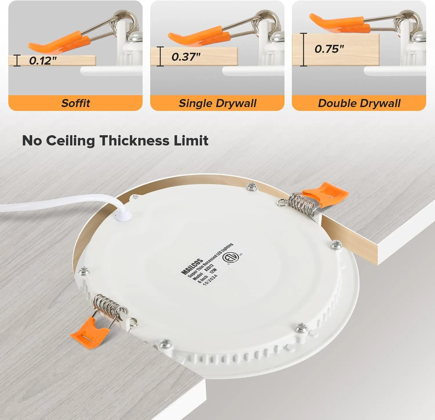 MAILCOS 12 Pack 6 Inch 5CCT Ultra-Thin LED Recessed Ceiling Light with Junction Box, 2700K-5000K Selectable, 1050LM High Brightness, 0%-100% Dimmable Canless Wafer Downlight, 12W 120V, ETL