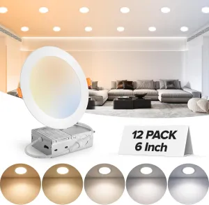 MAILCOS 12 Pack 6 Inch 5CCT Ultra-Thin LED Recessed Ceiling Light with Junction Box, 2700K-5000K Selectable, 1050LM High Brightness, 0%-100% Dimmable Canless Wafer Downlight, 12W 120V, ETL