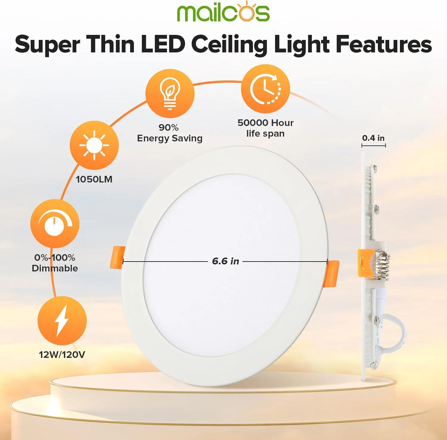 MAILCOS 12 Pack 6 Inch 5CCT Ultra-Thin LED Recessed Ceiling Light with Junction Box, 2700K-5000K Selectable, 1050LM High Brightness, 0%-100% Dimmable Canless Wafer Downlight, 12W 120V, ETL