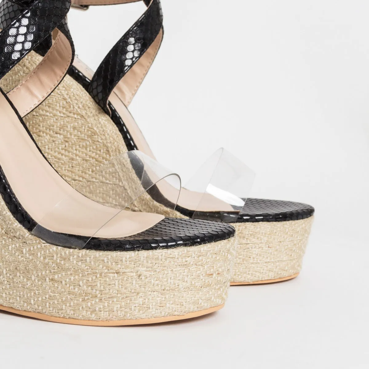 Malaya Black Snake Lace Up Espadrille Wedge