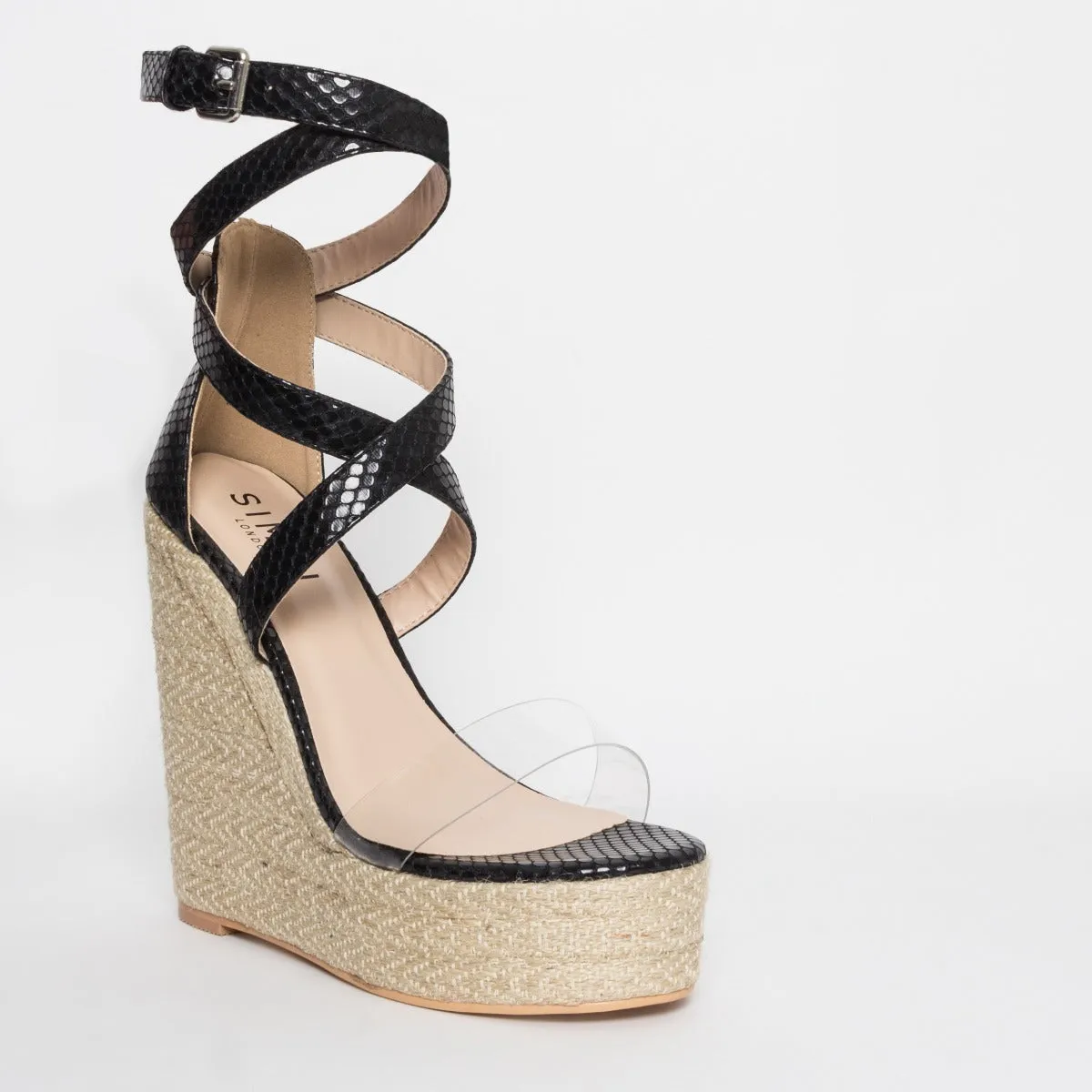 Malaya Black Snake Lace Up Espadrille Wedge