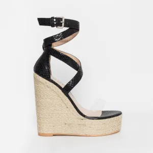 Malaya Black Snake Lace Up Espadrille Wedge