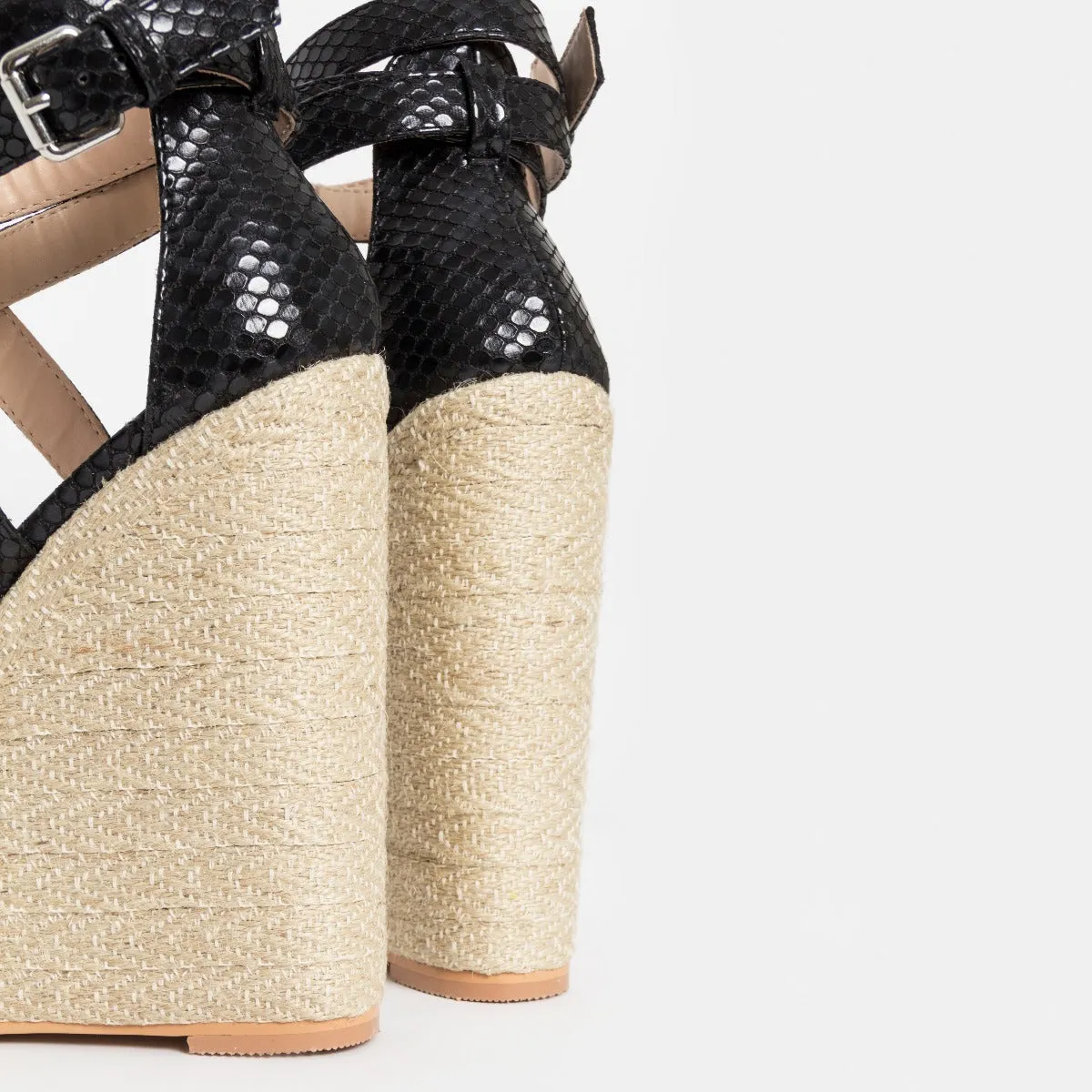Malaya Black Snake Lace Up Espadrille Wedge