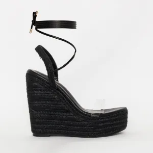 Malina Black Espadrille Lace Up Wedges