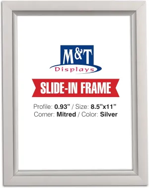 M&T Displays Slide In Frame Silver 8.5x11 Inch Poster Holder 0.93" Aluminum Profile Top Loading Easy Change Mitered Corner with Anti Glare PET Cover